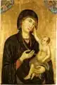 Madonna and Child by Duccio, 1284 A.D. This painting is tempera, an egg-based paint, and gold on wood. Tempera paintings are very long lasting, and examples from the first centuries AD still exist.[6]