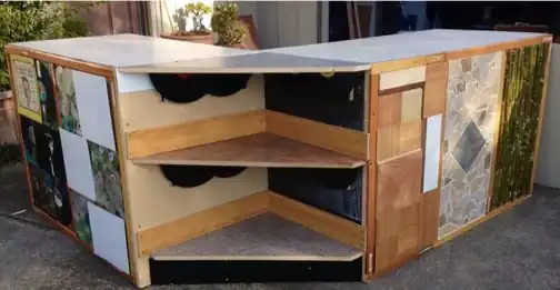 Upcycled checkout desk Upcycled albums and wood into a checkout desk.