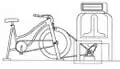 Mechanical pedal-powered device example: CCAT pedal washing machine by Bart Orlando. Diagram by Matt Rhodes. The bike drives a shaft mounted pulley that drives the transmission, replacing the motor that traditionally drives the agitator