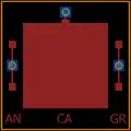 PCB-board schematic, red areas are metal on the front side, blue areas are metal on the back side and green areas are vias