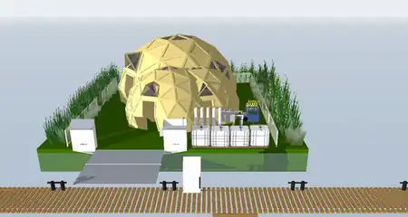 A rendering completed by Mary Mattingly of the WetLand Project showing the geodesic domes and rough lay out on the floating barges.